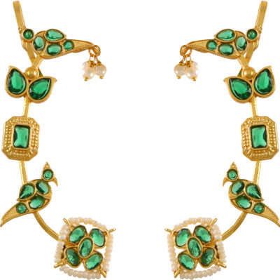 khannak Khannak Gold Plated with Green stones and Pearl Studded Earcuff for Women Pearl, Emerald Brass, Stone Cuff Earring