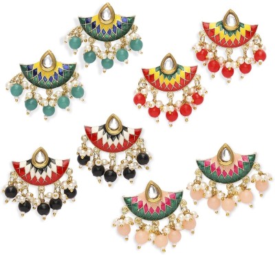 fabula Combo of 4 Meenakari Ethnic Drop Earrings - Red, Green Yellow & Black - Beads, Crystal Alloy Stud Earring