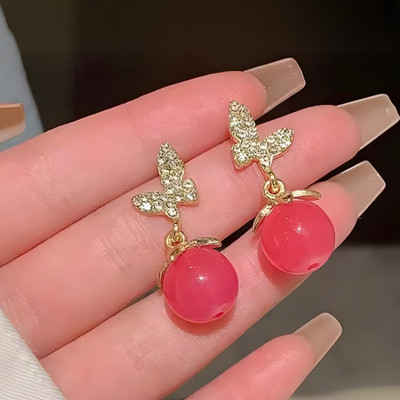 AuvriaZ Pink Round Cat’s Eye stylish and fancy korean earrings for women and girls Zircon Alloy Drops & Danglers, Stud Earring