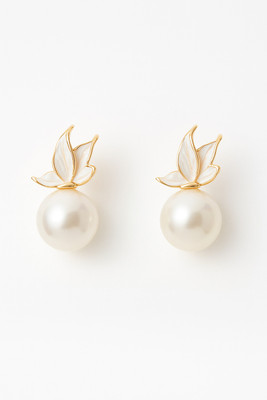 swarnya Pearl Stud Earrings with leaf Design, White Gold Plated Alloy Stud Earring