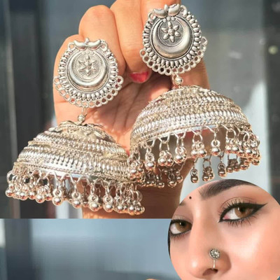 ISLANA Oxidised silver jhumki jhumka Earrings for girls and women with nosepin Alloy Jhumki Earring