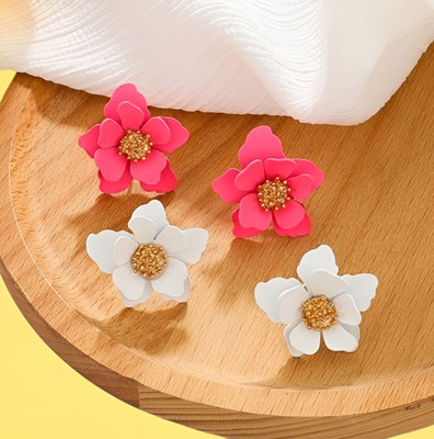BLINGEE White & Pink Combo Flower Stud Earrings For Women Girls Korean earring Floral Alloy Earring Set, Stud Earring