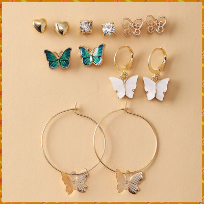 TheVineGirl Combo of 6 Pair Golden Heart Stone Stud/Butterfly Hoop Earrings For Women/Girls Cubic Zirconia Alloy Drops & Danglers