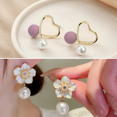 estailo fashion Flower & Violet Pearl Drops Earrings Alloy Earring Set