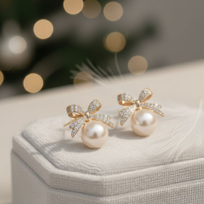 SINZO Stylish Pearl Bow Earrings for Women & Girls Cubic Zirconia Alloy Stud Earring