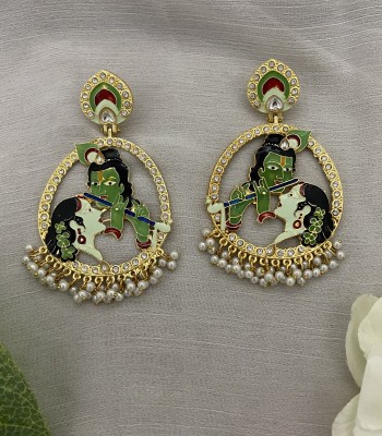 Fashion Theme Gold Plated Traditional Radha Krishna Jhumka Earrings with Kundan Green Jhumkas Cubic Zirconia, Beads, Pearl Brass Drops & Danglers