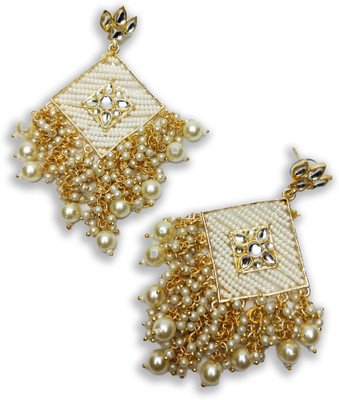 Khanak Jewels Gold-Plated Chandbali Earrings with Pearl Beads and Stones, Triangular Shape Cubic Zirconia Metal Chandbali Earring