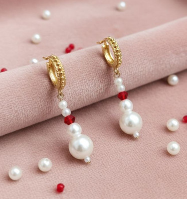 bfanci creations Pearl and Red Bead Drop Earrings for Women |Party Wear Dangler (Pack of 1 Pair) Alloy, Metal Drops & Danglers, Cuff Earring, Hoop Earring