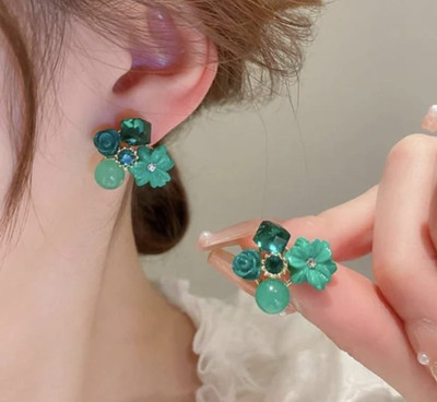 MAHADEV CREATION Korean Green Flower Earrings Crystal Alloy Stud Earring