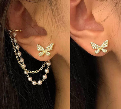 JDENTERPRISES Korean Pearl Chain Ear Cuff Butterfly Stud Earrings For Women/Girls Cubic Zirconia Alloy Cuff Earring