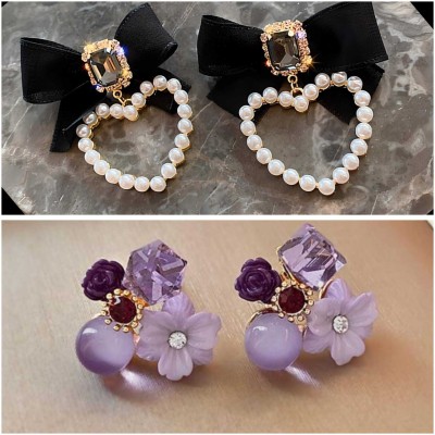 FFSTYLE CUTE HEART & BOW KNOT EARRINGS WITH CUTE FLOWER EARRINGS Alloy Earring Set