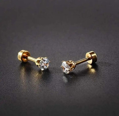 Floky Gold Small Round Crystal Cute Plain Simple for Mens Stainless Steel Zircon Alloy, Metal Stud Earring