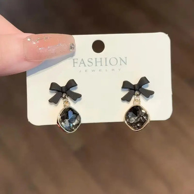 Mebella Fashions Black Bow Crystal Cute Korean earrings Pair Cubic Zirconia Metal Drops & Danglers