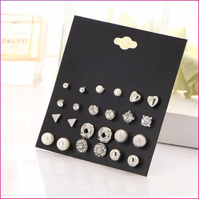 TVI Combo of 12 Pair Silver Heart Triangle Round Pearl Stud Earrings For Women/Girls Cubic Zirconia Alloy Stud Earring