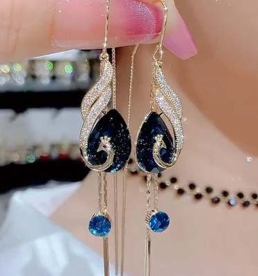 BLINGEE Long Peacock Korean Earrings For Women Girls Trendy Western Fashion Earring Crystal, Cubic Zirconia, Diamond Alloy Earring Set, Drops & Danglers, Tassel Earring