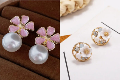 IEEP Korean Earrings Combo Pack of 2 for Women & Girls Pink Flower Pearl Studs Alloy Stud Earring