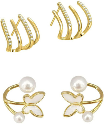 bonnt jewellery Korean Style Earrings Combo | Elegant Butterfly & Pearl Studs (Set of 2 Pairs) Cubic Zirconia Alloy Stud Earring