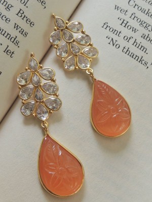 JOHORI Handcrafted Orange Craving Stone Earrings Brass Drops & Danglers