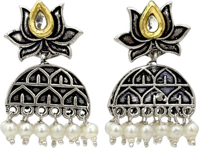 Desire Jewelery Lotus Oxidized Silver Stud Earrings| Women Ethnic Jhumka Earring|Temple Jewelery Beads, Pearl Brass Stud Earring, Jhumki Earring, Drops & Danglers, Earring Set