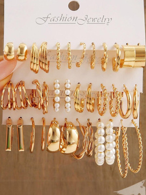 Dressberry Combo Of 18 Pairs Gold Plated Hoop And Pearl Earrings For Women And Girls Pearl Alloy Hoop Earring