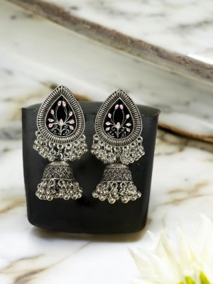 Tiny Troves Traditional Oxidized Silver Pink Floral Meenakari Jhumki Earrings for Women Brass Jhumki Earring