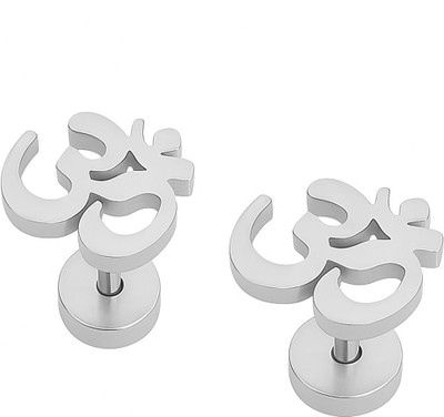FOGGMART Om Stud Earrings Stainless Steel Silver for Men & Women | Pack of 2 | Screw Back Stainless Steel Stud Earring, Earring Set