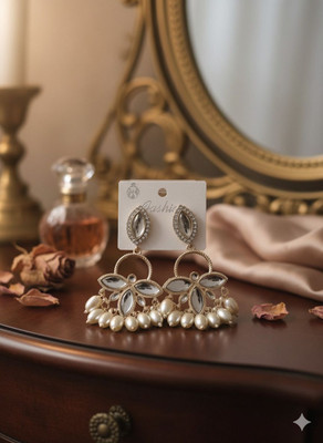 Kivaaa Collections White & Gold Plated Traditional Earrings for Women & Girl with Pearl and Stone Crystal Alloy Drops & Danglers