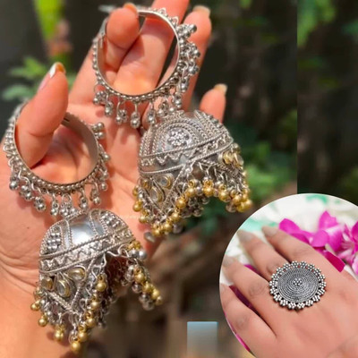 ISLANA Oxidised silver jhumki jhumka Earrings for women and girls with Ring Alloy Jhumki Earring