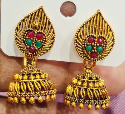 SAKETHAM Golden Peacock Radha krishna small Alloy Jhumki Earring