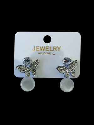 Pranchal Jewels Elegant Silver Butterfly Pearl Earrings Cubic Zirconia Alloy Stud Earring