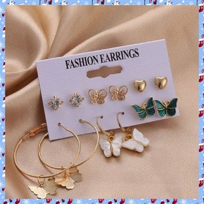 Nehdal Combo of 6 Pair Gold Plated Heart Stone Stud And Butterfly Hoop Earrings Alloy Hoop Earring, Stud Earring
