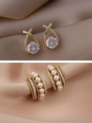 Tiso Korean Earrings Set AD Stone Earrings For Girls Women C-Shaped Stylish Earrings Cubic Zirconia, Pearl Alloy, Brass Cuff Earring, Earring Set, Huggie Earring, Rhinestone Studs, Stud Earring