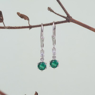 Ornate Jewels 925 Sterling Silver Solitaire American Diamond & Green Emerald Dangler Earrings Emerald, Cubic Zirconia Sterling Silver Drops & Danglers