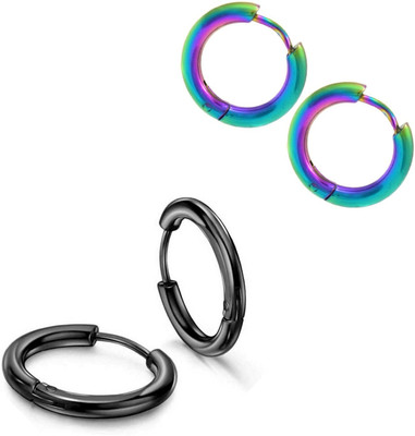 Earchic FK-2 Pair Black Rainbow studs Earring Bali Hoop ComboEarring-15 Metal Hoop Earring