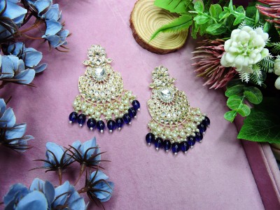 VATSALYA creation Light Gold Finish Uncut Kundan Navy Blue Alloy Earring Set