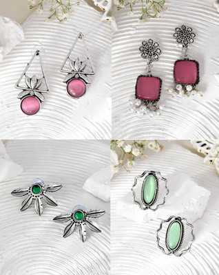 PYR JEWELS 4 Pairs Vintage Style Jewellery Set, Pink and Green Stone Earrings For Grils Emerald Alloy Stud Earring, Jhumki Earring