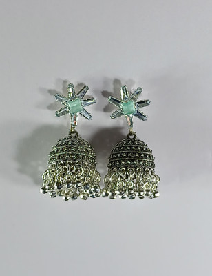 AZTAZ Star stud jhumka earrings designer tassel drop oxidised silver Alloy Chandbali Earring