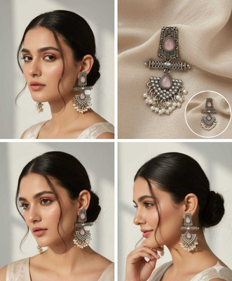 Yakshkara Yaksh Kara Bold Pink Teardrop & Pearl Cluster Earrings Alloy Earring Set, Chandbali Earring