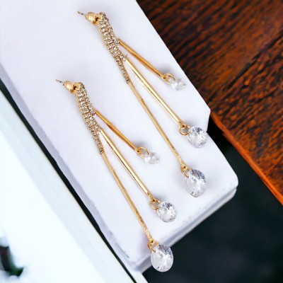 Lucky Jewellery Designer 18k Gold Plated Stones Dangle Drop Hanging Earrings For Girls & Women Cubic Zirconia Brass Tassel Earring