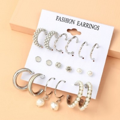 Vembley Vembley Silver Plated Silver-Toned Contemporary Hoop Earrings Set of 9 Brass Hoop Earring