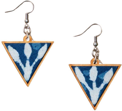 Whe Indigo Upcycled Fabric and Repurposed Wood Triangular Earrings Wood Ear Thread