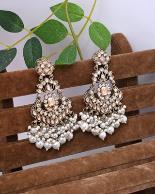 YOGINI JEWELS CHAND BALI EARINGS WITH GOLDEN STONE AND WHITE PEARLS Beads, Crystal, White Zircon, Zircon Alloy, Stone Drops & Danglers, Jhumki Earring, Chandbali Earring