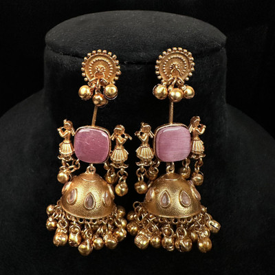 Banarashe Traditional Golden Pink Stone Brass Jhumki Earring