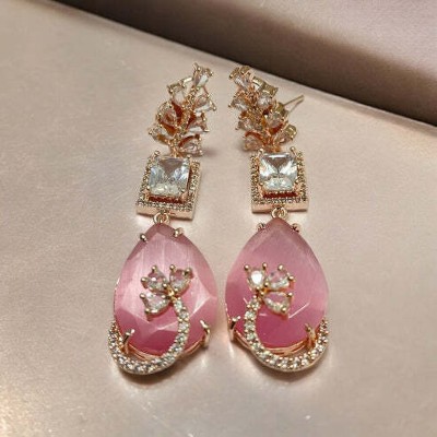 Opal Touch Rose Quartz Elegance Earrings Cubic Zirconia Brass Stud Earring