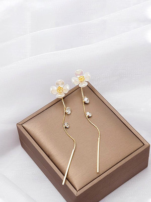 YELLOW CHIMES Floral Stud Linear Chain Back Drop With Crystal Studded Dangler Earrings Crystal Metal Drops & Danglers