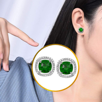 THANU'S CRAFT Elegant Silver Plated Emerald Green Cubic Zirconia Stud Piercing Earcuff Earring Emerald Metal Stud Earring