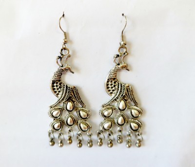 Skjewells Big Peacock Shape Silver Oxidised Earrings Metal Earring Set