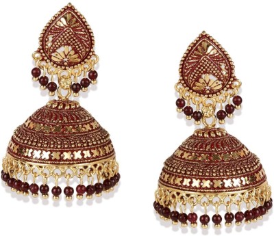 BHANA FASHION Gold Plated & Maroon Enamelled Dome Shaped Jhumkas_B Pearl Brass Jhumki Earring