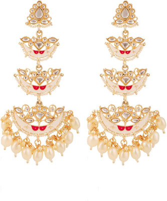 Styylo Jewels Gold Tone 3 Floor Traditional Red Pearl and Stone Studded Earring_SJ Cubic Zirconia Brass Drops & Danglers