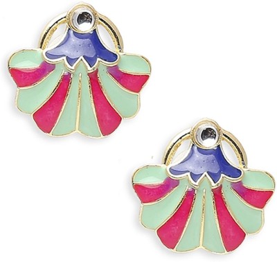 Oomph Mint Green & Pink Meenakari Enamel Stud Earrings - Indo-Western Floral Design Beads, Crystal Alloy Stud Earring